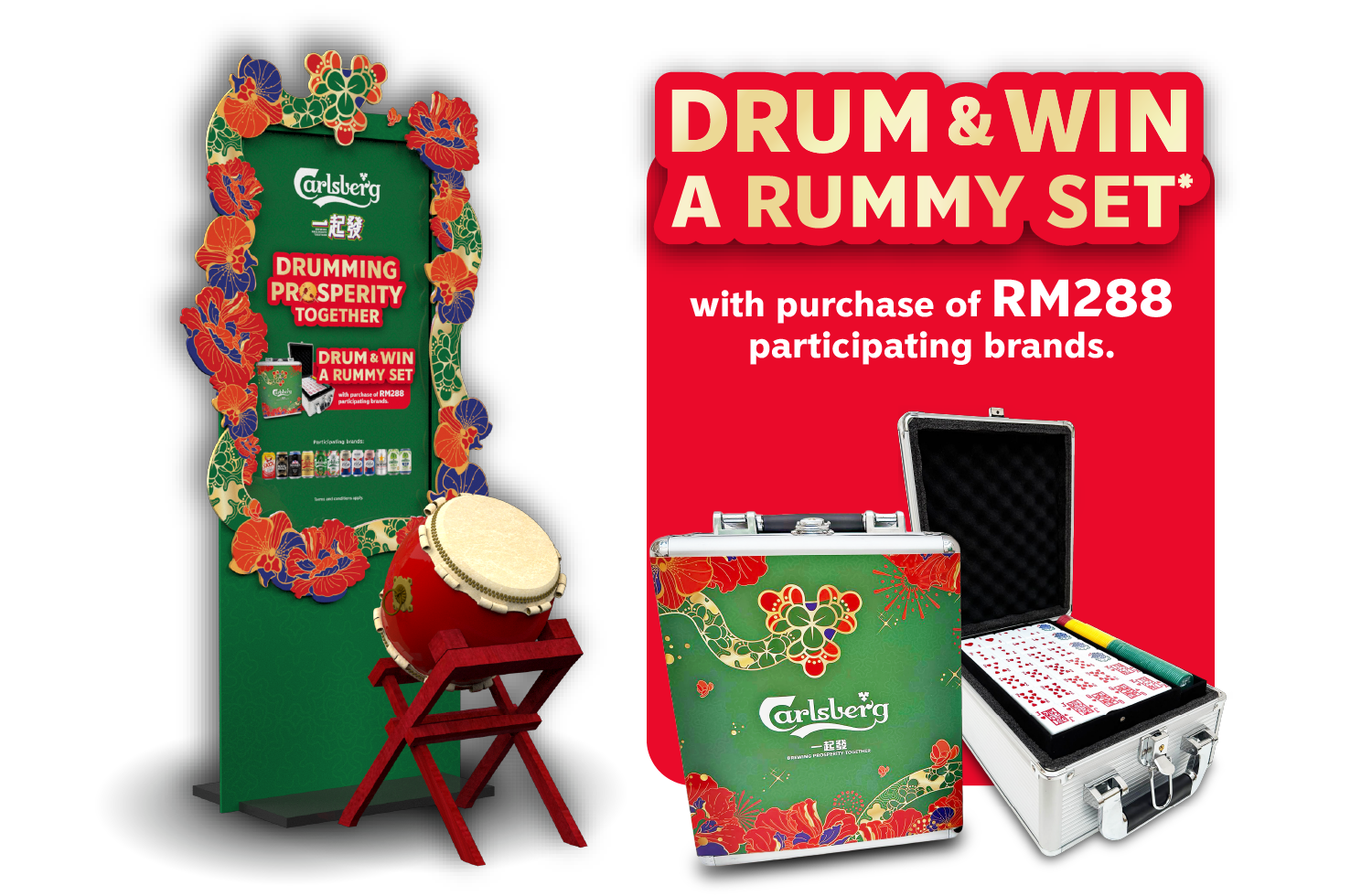 DRUM & WIN A RUMMY SET* with purchase of RM288 participating brands.